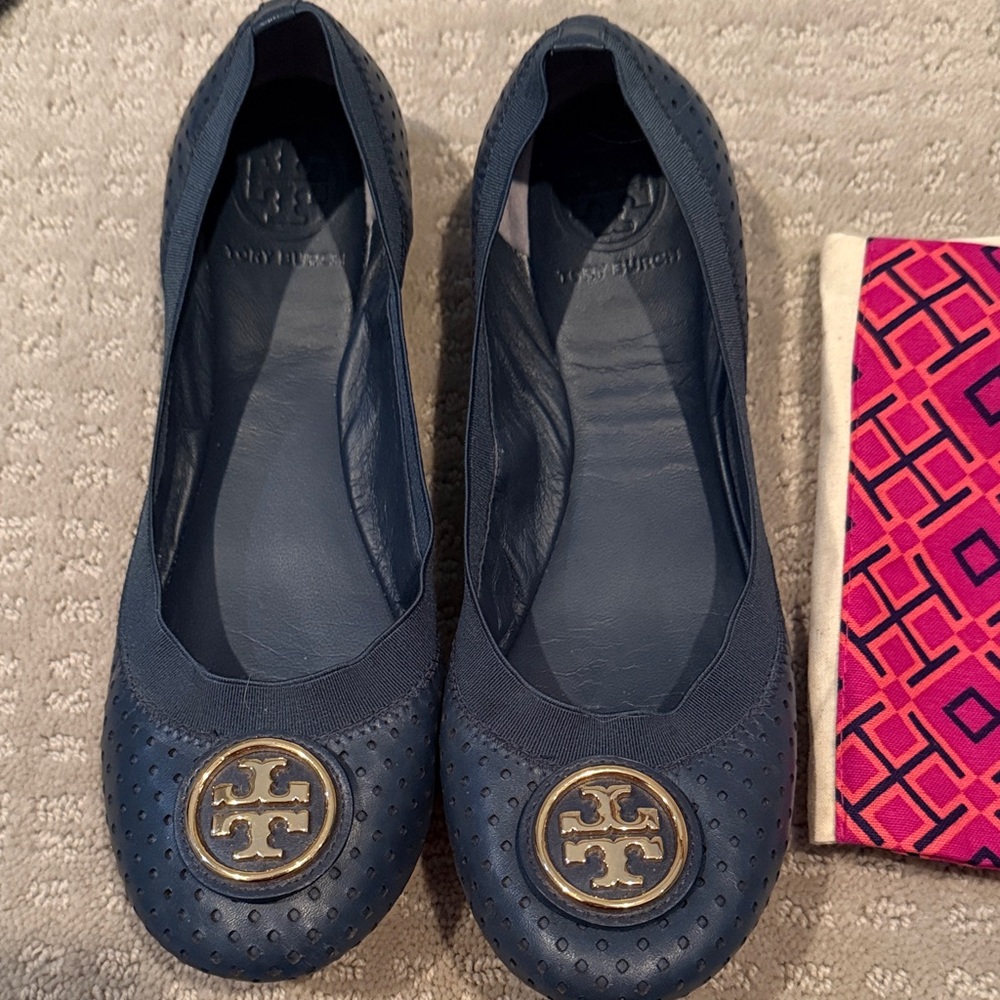 Tory Burch Perforated Navy Flats with Gold Logo 7.5